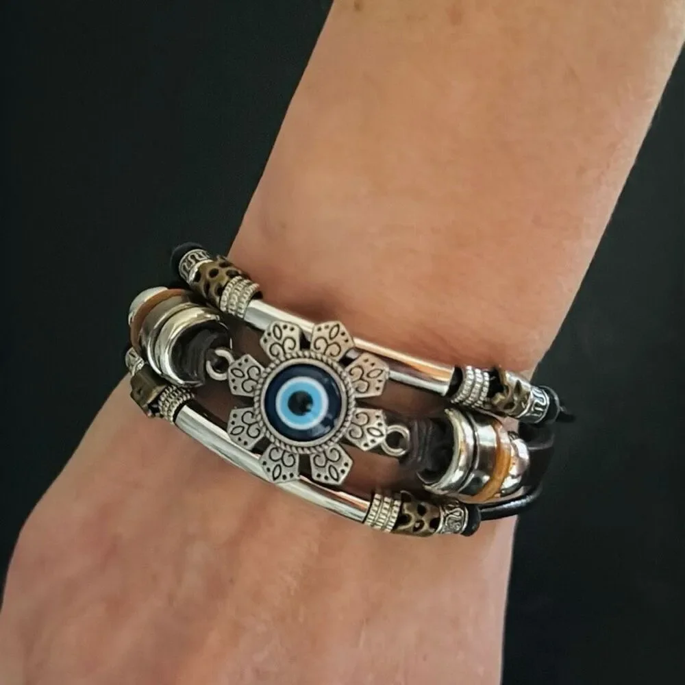 Protective Evil Eye Cuff Bracelet – Brown Leather, Boho Multi-Strand